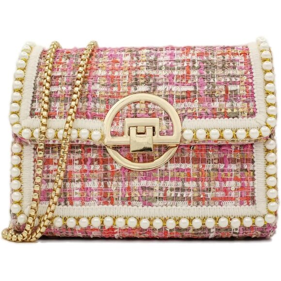 Pink Tweed Pearl Crossbody Bag for Women, Small Clutch with Chain Strap, Stylish - Picture 1 of 6